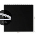 Black room divider curtain dimension infographic 254cm wide 213cm drop with 250cm curved ceiling track and track close-up