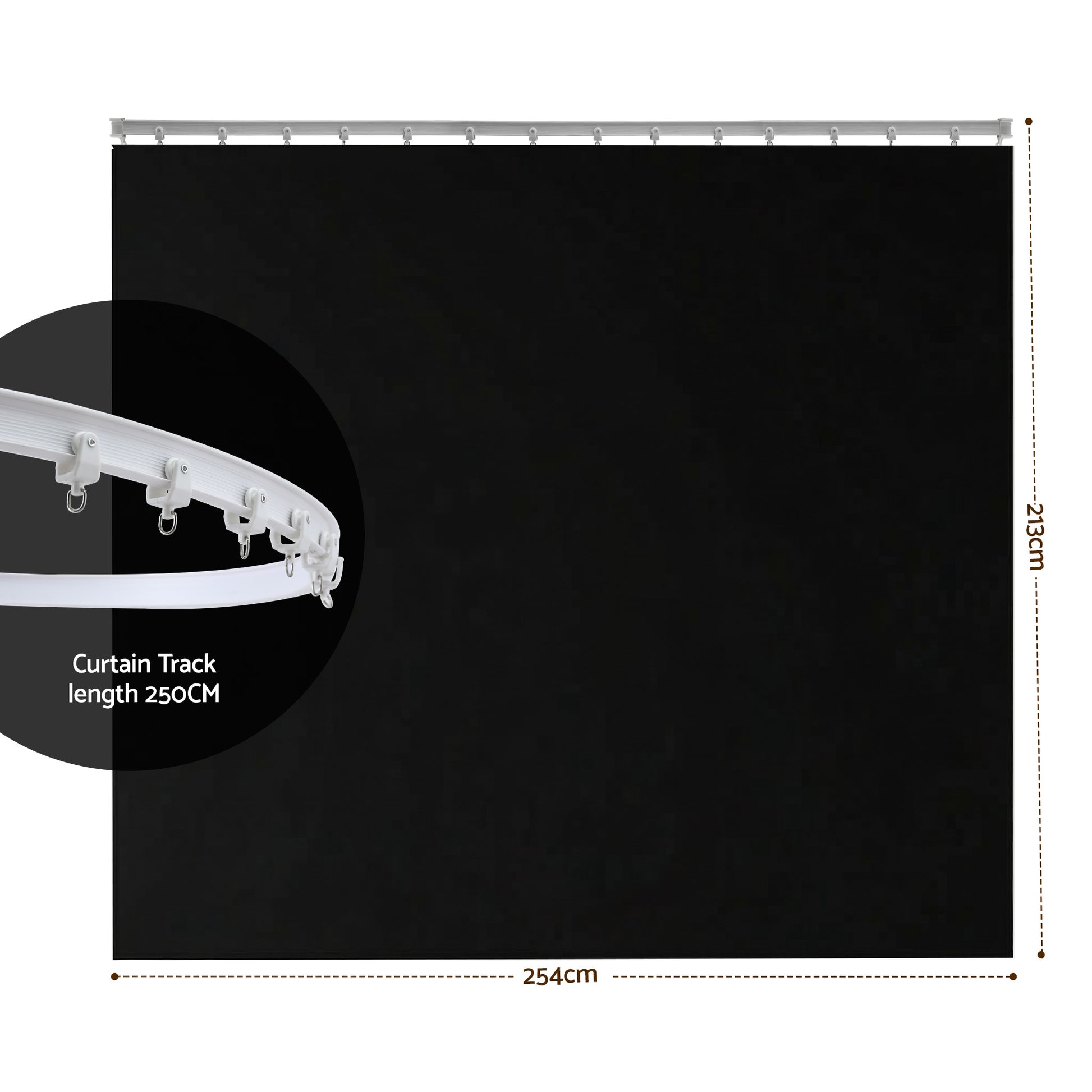 Black room divider curtain dimension infographic 254cm wide 213cm drop with 250cm curved ceiling track and track close-up