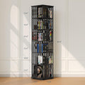 Black rotating media tower dimensions diagram showing 69.6 inch height, 14.8 by 14.8 inch base and 10.4 inch shelf spacing