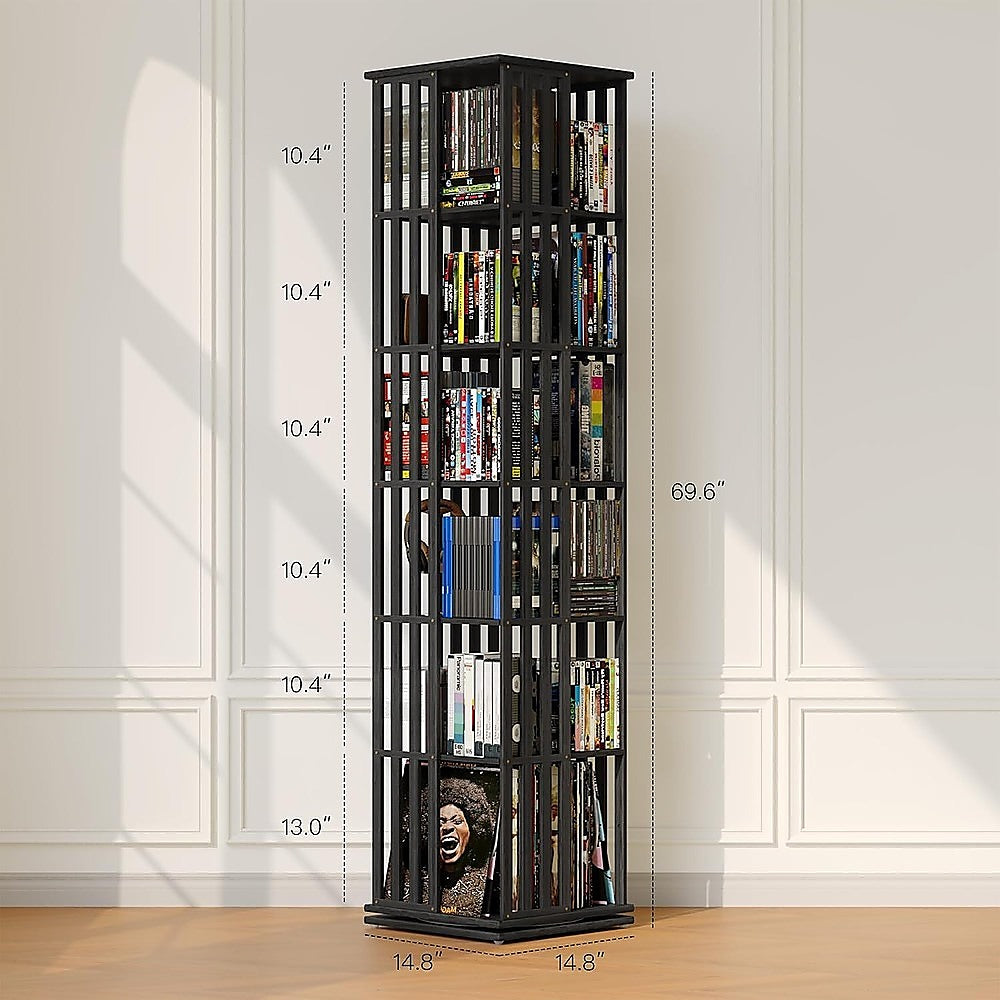 Black rotating media tower dimensions diagram showing 69.6 inch height, 14.8 by 14.8 inch base and 10.4 inch shelf spacing
