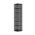 Black rotating tower bookshelf with vertical slat panels and 6 tiers, empty front view on white background