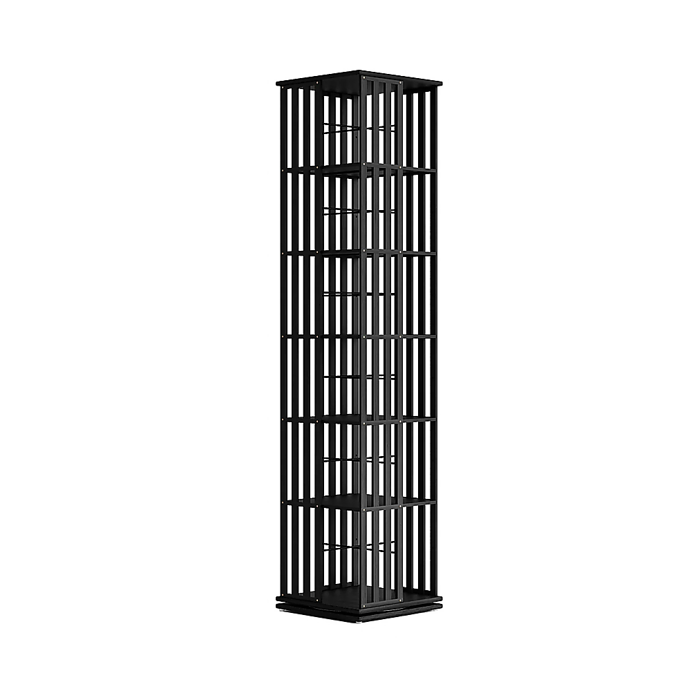 Black rotating tower bookshelf with vertical slat panels and 6 tiers, empty front view on white background