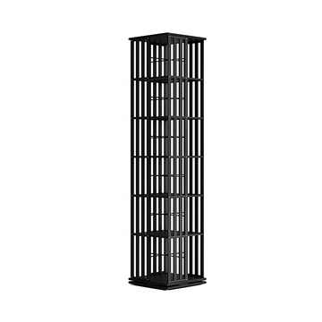 Black rotating tower bookshelf with vertical slat panels and 6 tiers, empty front view on white background