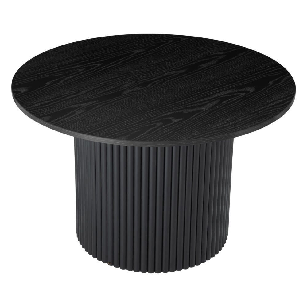 Black round coffee table with fluted cylindrical pedestal and wood grain top, three-quarter view on white background