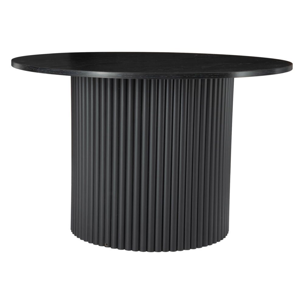 Black round coffee table with fluted cylindrical pedestal base and marble-look top on white background