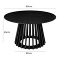 Dimension diagram of black round coffee table with slatted base showing 80cm width 45cm height and 52cm base