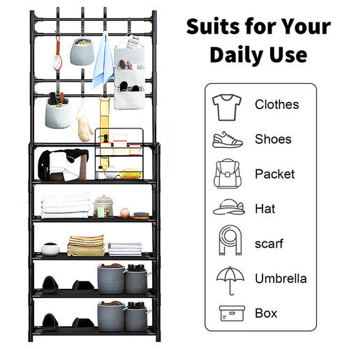 Black shoe and hat stand loaded with diverse items and versatile daily use list showing clothes shoes hats scarves and boxes
