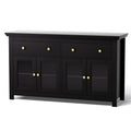 Black sideboard angled on white background, two top drawers and four glass-panel doors with gold round knobs
