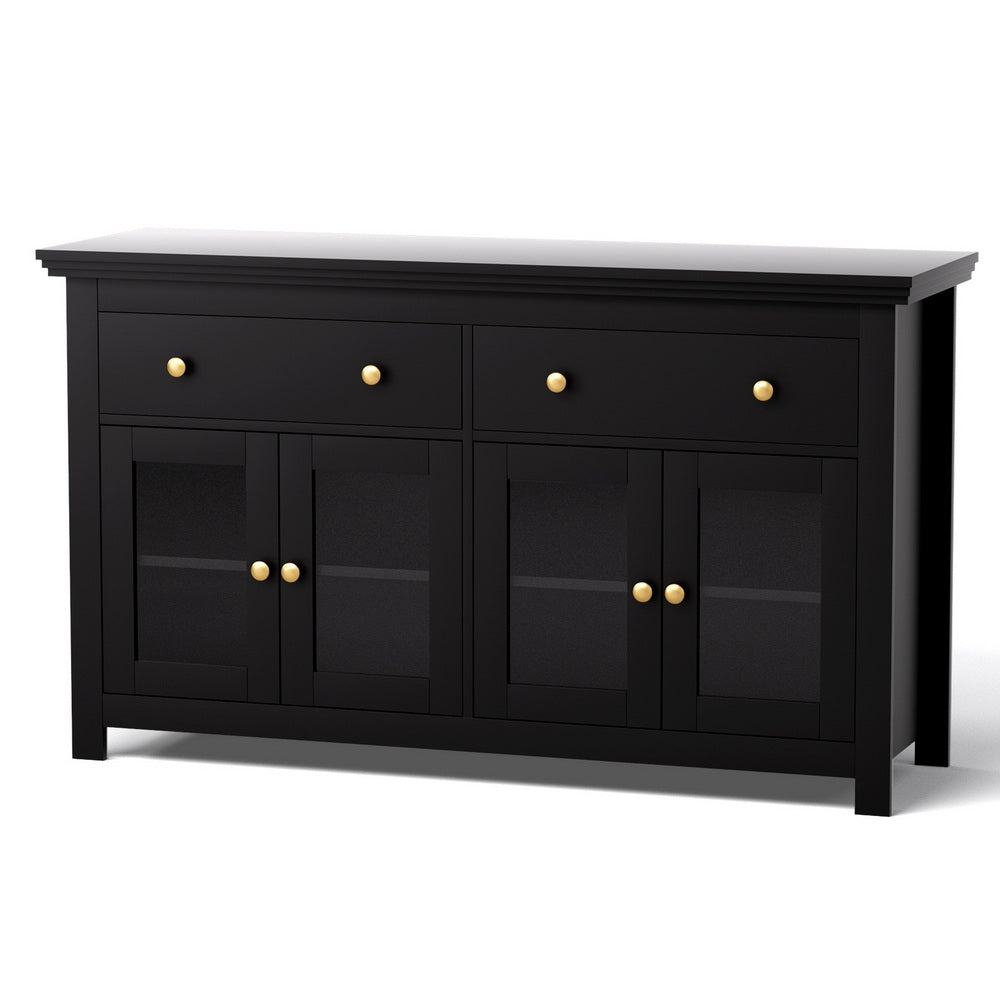 Black sideboard angled on white background, two top drawers and four glass-panel doors with gold round knobs