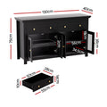 Dimensions diagram of black sideboard: 130cm wide, 75cm tall, 40cm deep, interior shelf 56cm wide, drawer 55x28x10cm