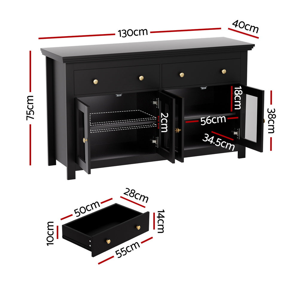 Dimensions diagram of black sideboard: 130cm wide, 75cm tall, 40cm deep, interior shelf 56cm wide, drawer 55x28x10cm