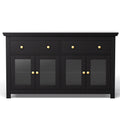 Black sideboard front view with two top drawers and four frosted glass-panel doors with gold knobs, on white background