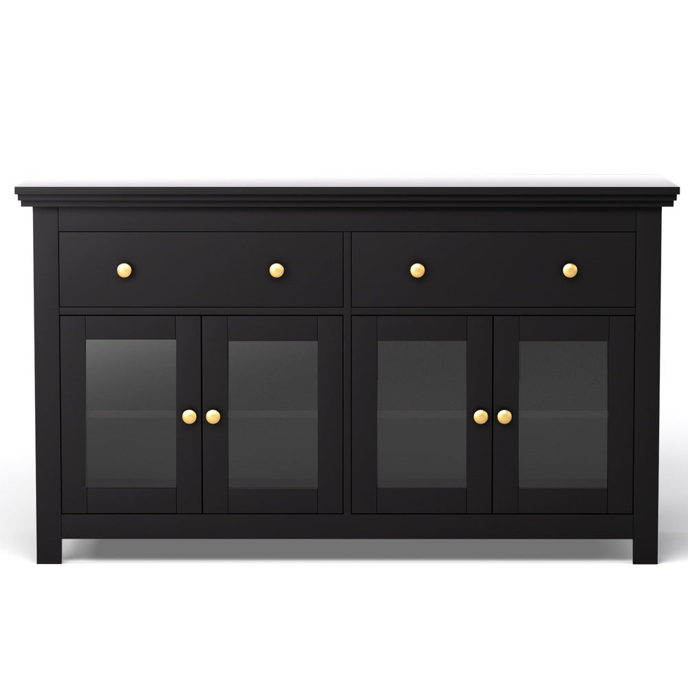 Black sideboard front view with two top drawers and four frosted glass-panel doors with gold knobs, on white background