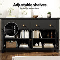 Black sideboard with two drawers open showing adjustable shelves with books, vases and basket, text: Adjustable shelves