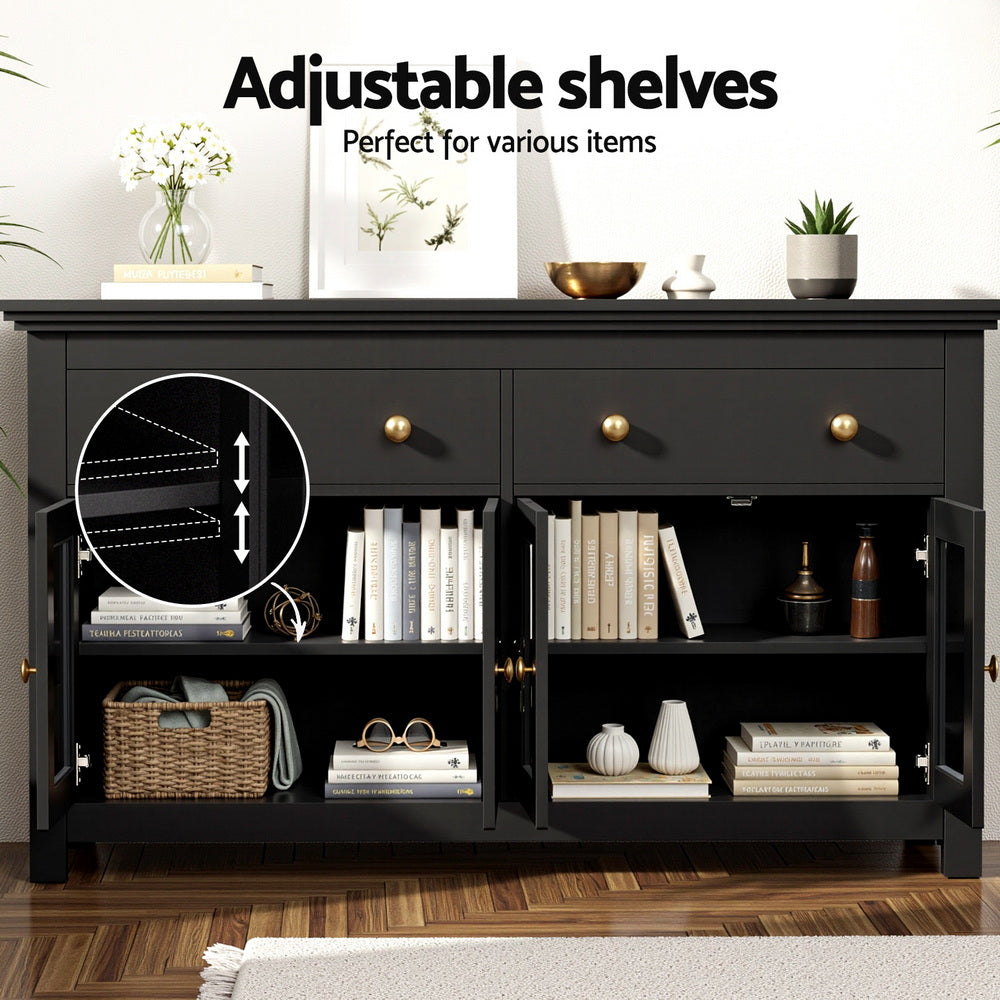 Black sideboard with two drawers open showing adjustable shelves with books, vases and basket, text: Adjustable shelves