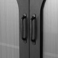 Close-up of two matte black bar handles on ribbed glass cabinet doors