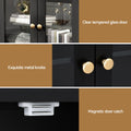 Three-panel hardware detail: clear tempered glass door, gold metal knobs, and magnetic door catch close-ups