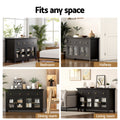 Four-panel image showing black sideboard in bedroom, hallway, dining room and living room, text reads Fits any space