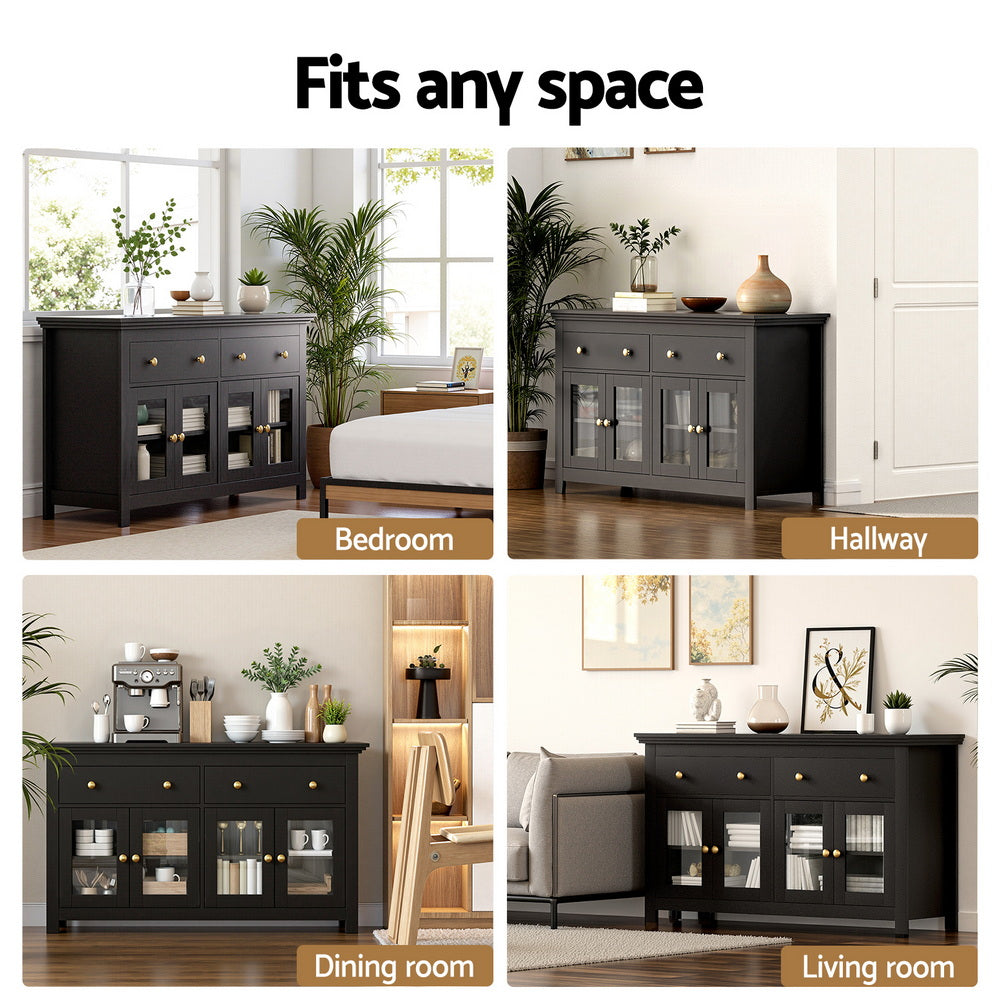 Four-panel image showing black sideboard in bedroom, hallway, dining room and living room, text reads Fits any space