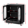 Black sideboard dimensions diagram: 80cm wide, 100cm tall, 40cm deep with two internal shelves and two bottom drawers