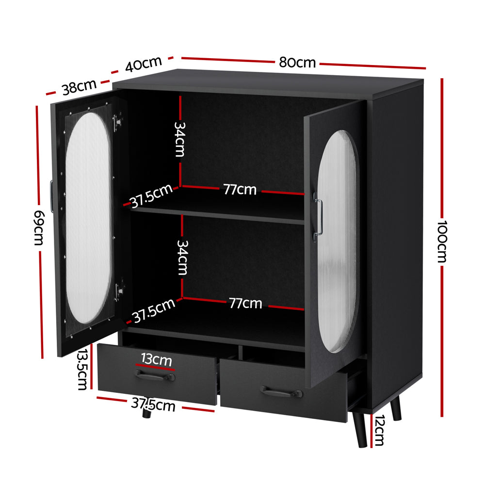 Black sideboard dimensions diagram: 80cm wide, 100cm tall, 40cm deep with two internal shelves and two bottom drawers