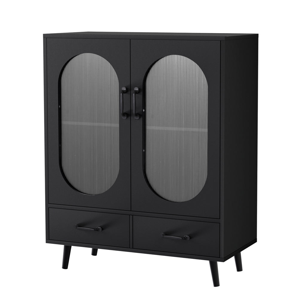 Black sideboard with two oval ribbed glass doors, two bottom drawers and tapered legs on white background
