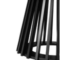 Close-up of lower section of black slatted lamp shade with vertical slats fanning outward on white background