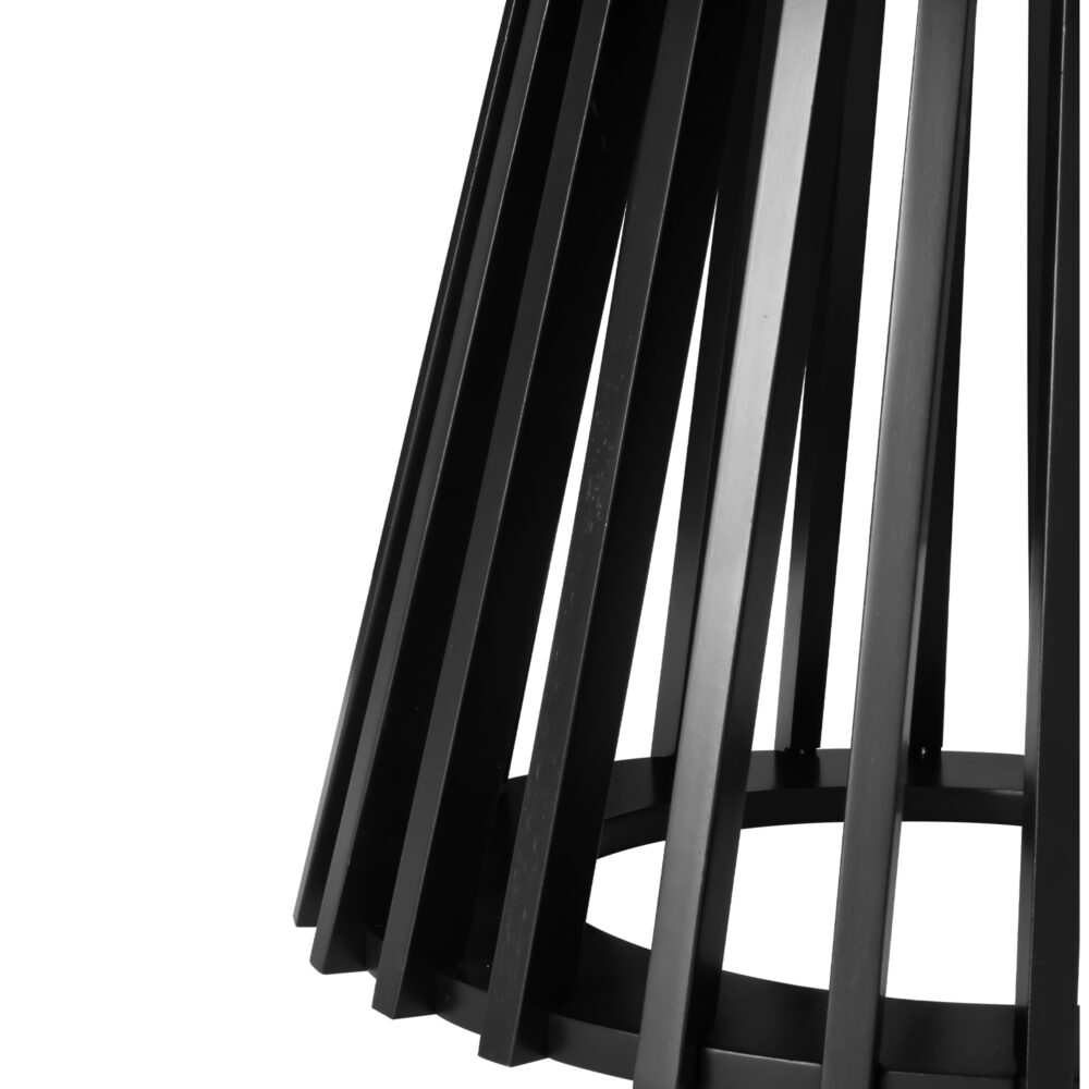 Close-up of lower section of black slatted lamp shade with vertical slats fanning outward on white background