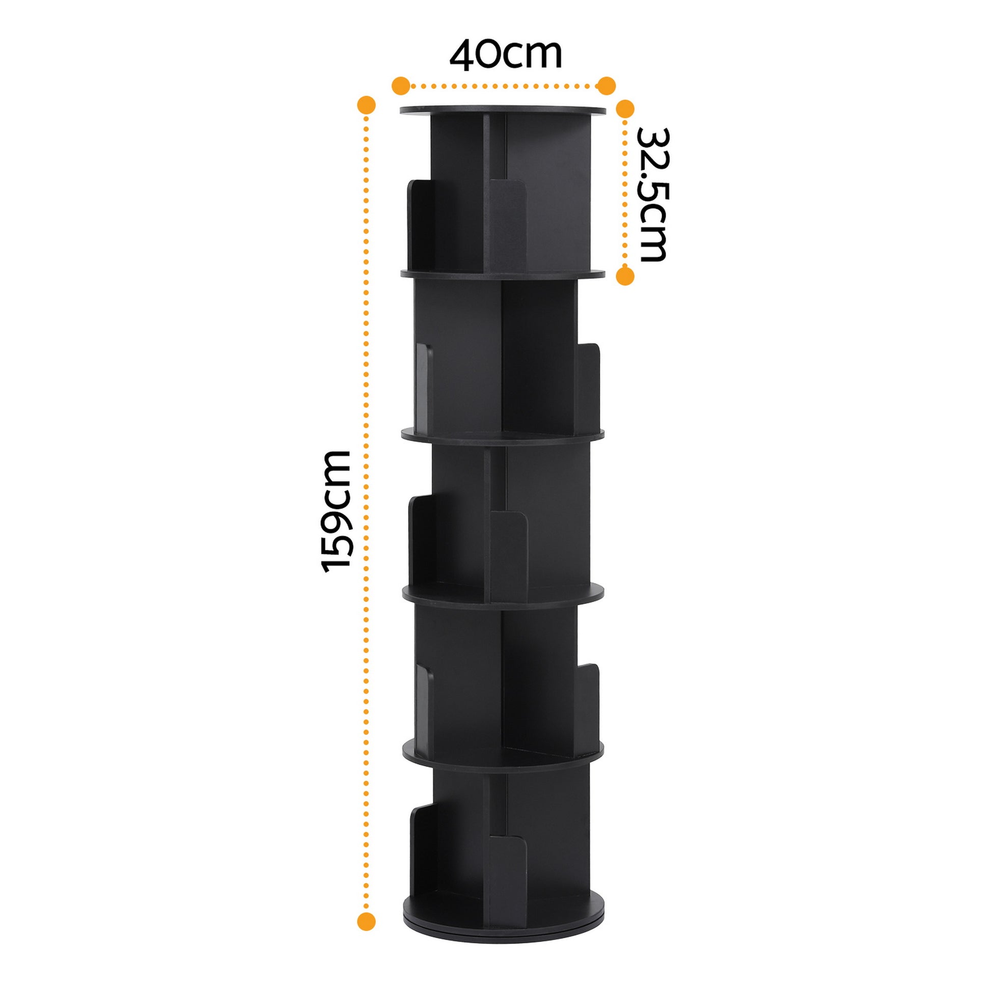 Black spiral rotating bookshelf dimensions diagram showing 159cm height, 40cm width and 32.5cm shelf spacing