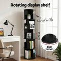 Black spiral rotating bookshelf in home office, text labels curved baffle, 17.5cm shelf height and 360 degree swivel base