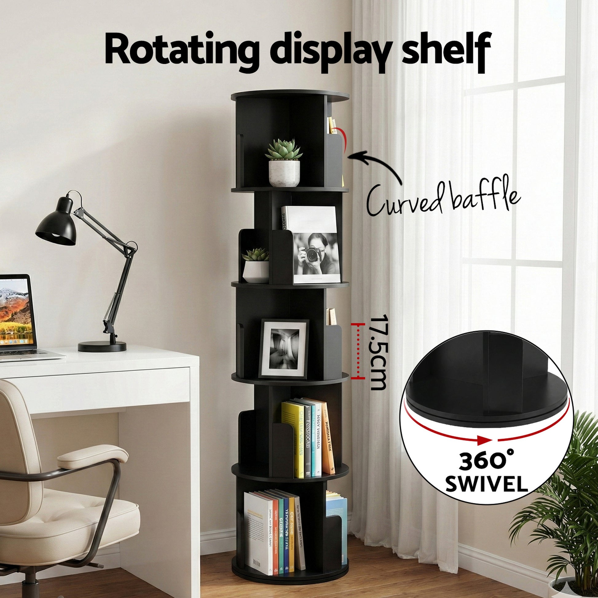 Black spiral rotating bookshelf in home office, text labels curved baffle, 17.5cm shelf height and 360 degree swivel base