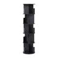 Black 5-tier spiral rotating bookshelf with round shelves and central divider, front view on white background