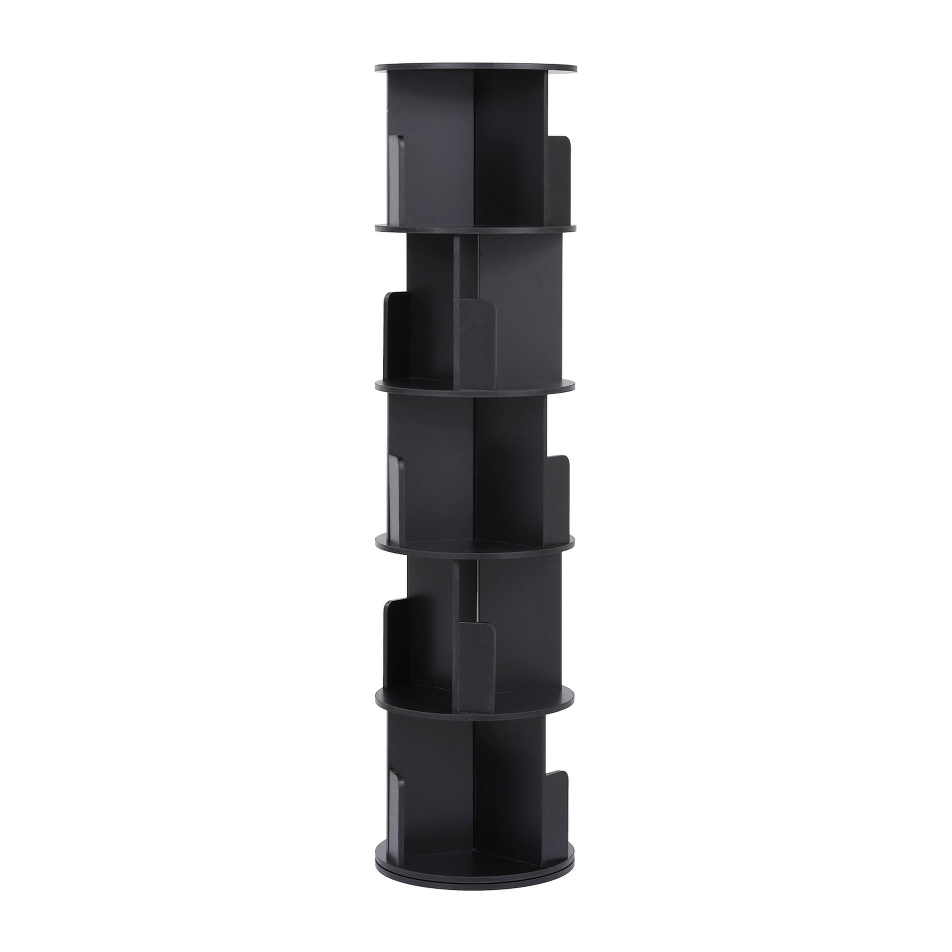 Black 5-tier spiral rotating bookshelf with round shelves and central divider, front view on white background