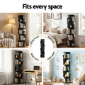 Black spiral rotating bookshelf shown in four settings: living room, bedroom, study and kids room, text reads Fits every space