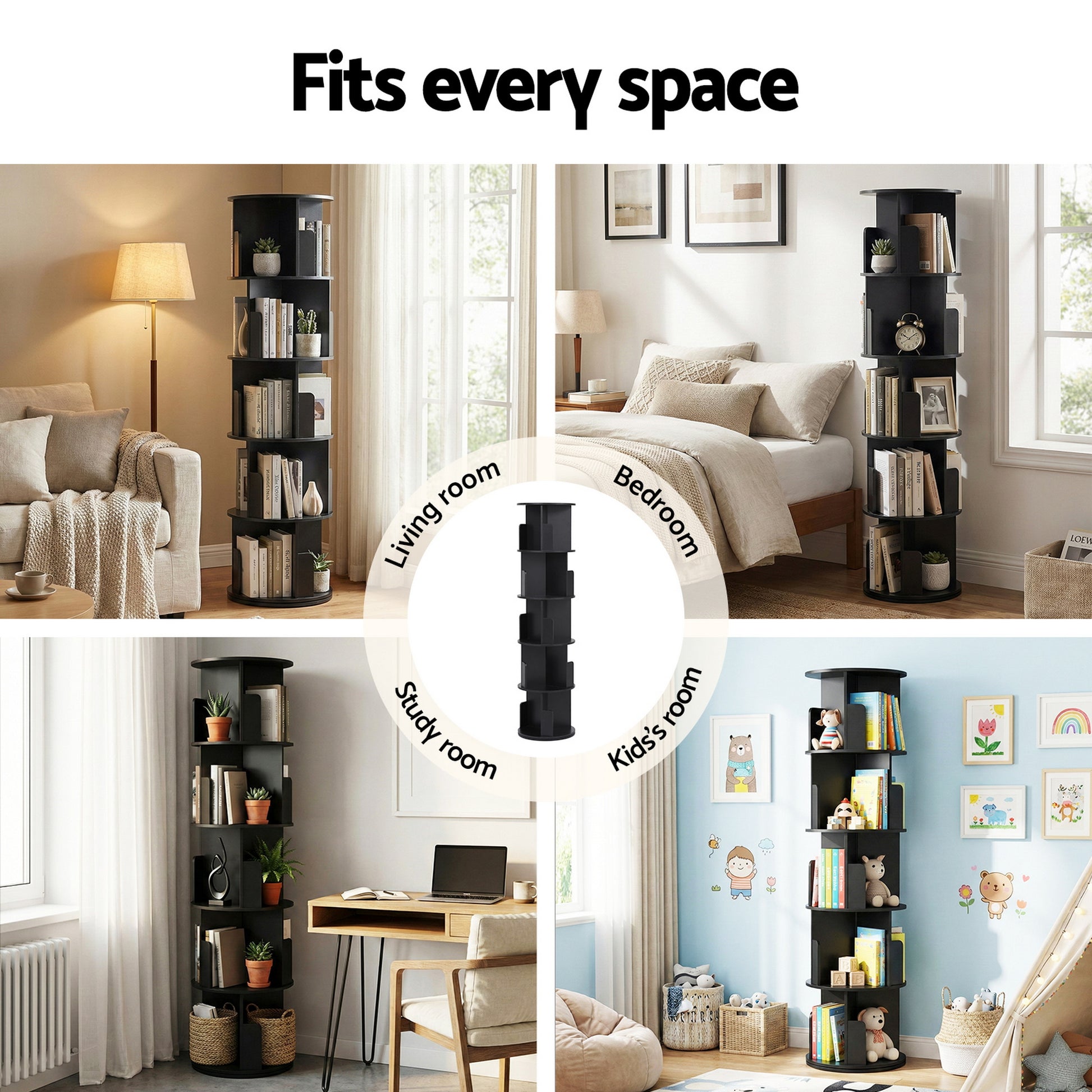 Black spiral rotating bookshelf shown in four settings: living room, bedroom, study and kids room, text reads Fits every space