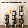 Black spiral rotating bookshelf shown in 3, 4 and 5-tier configurations, text reads Freely assembled into 1-5 tiers