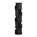 Black 5-tier spiral rotating bookshelf with curved shelves and divider baffles, rear angle view on white background