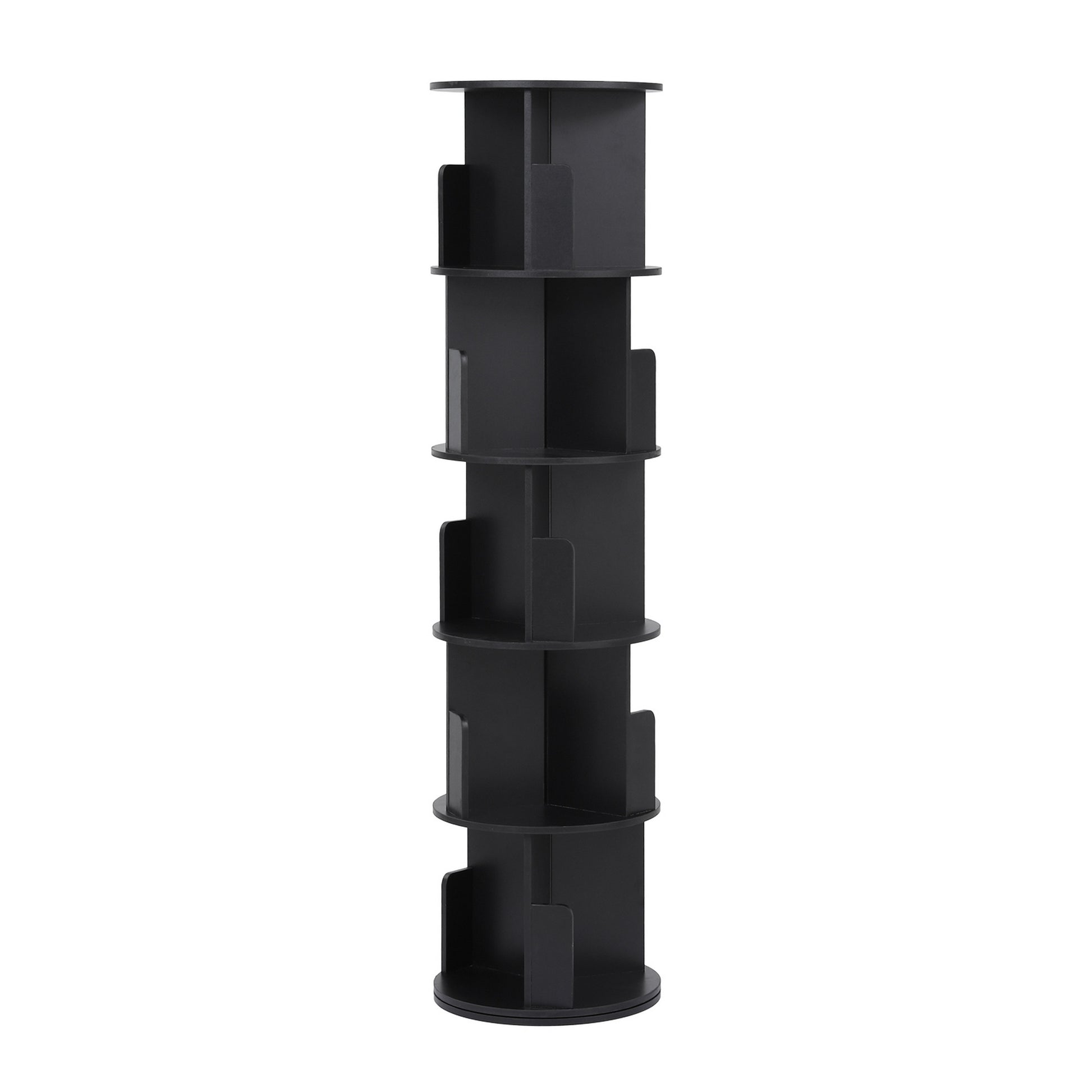 Black 5-tier spiral rotating bookshelf with curved shelves and divider baffles, rear angle view on white background