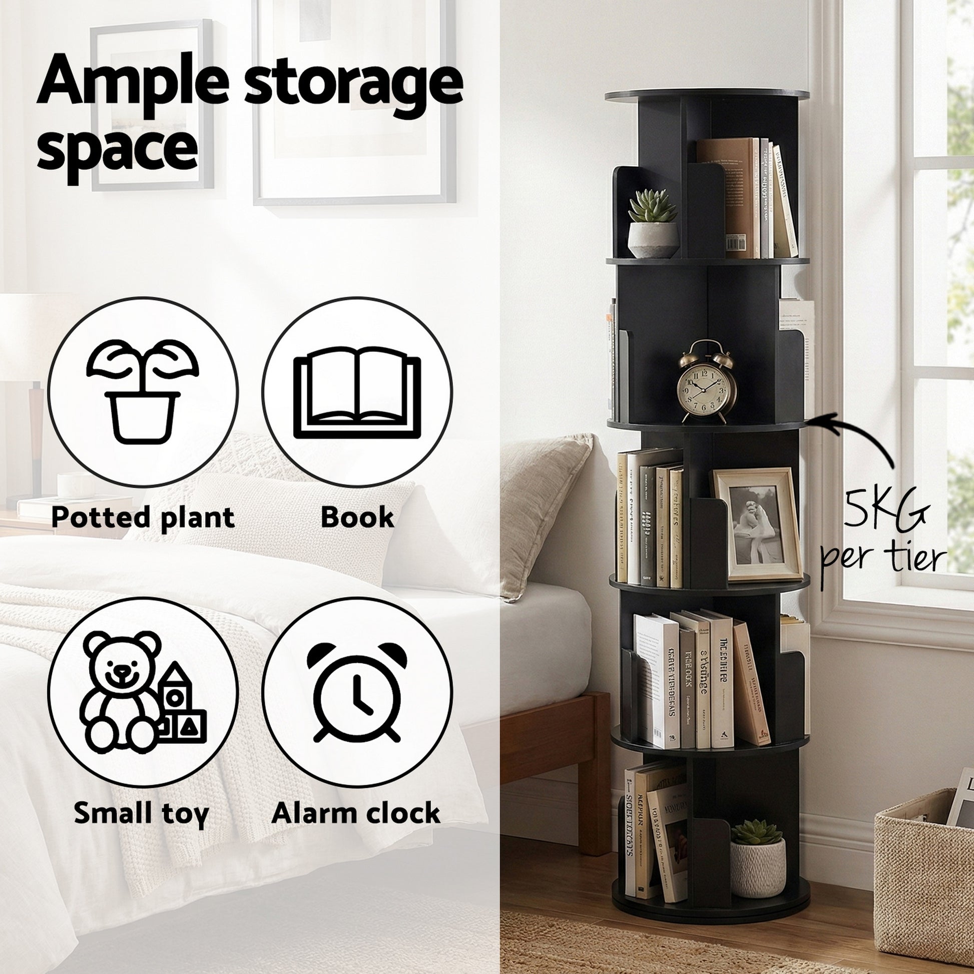 Black spiral rotating bookshelf in bedroom showing 5kg per tier capacity and icons for potted plant, book, toy and clock