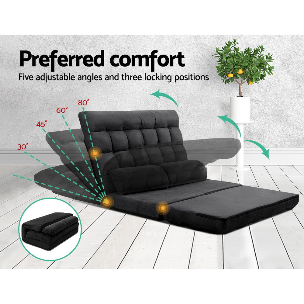 Black suede floor lounger preferred comfort infographic showing five adjustable back angles from 30 to 80 degrees