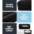 Black suede floor lounger infographic: durable stitching, two accessory bolster pillows and foam cushion fill