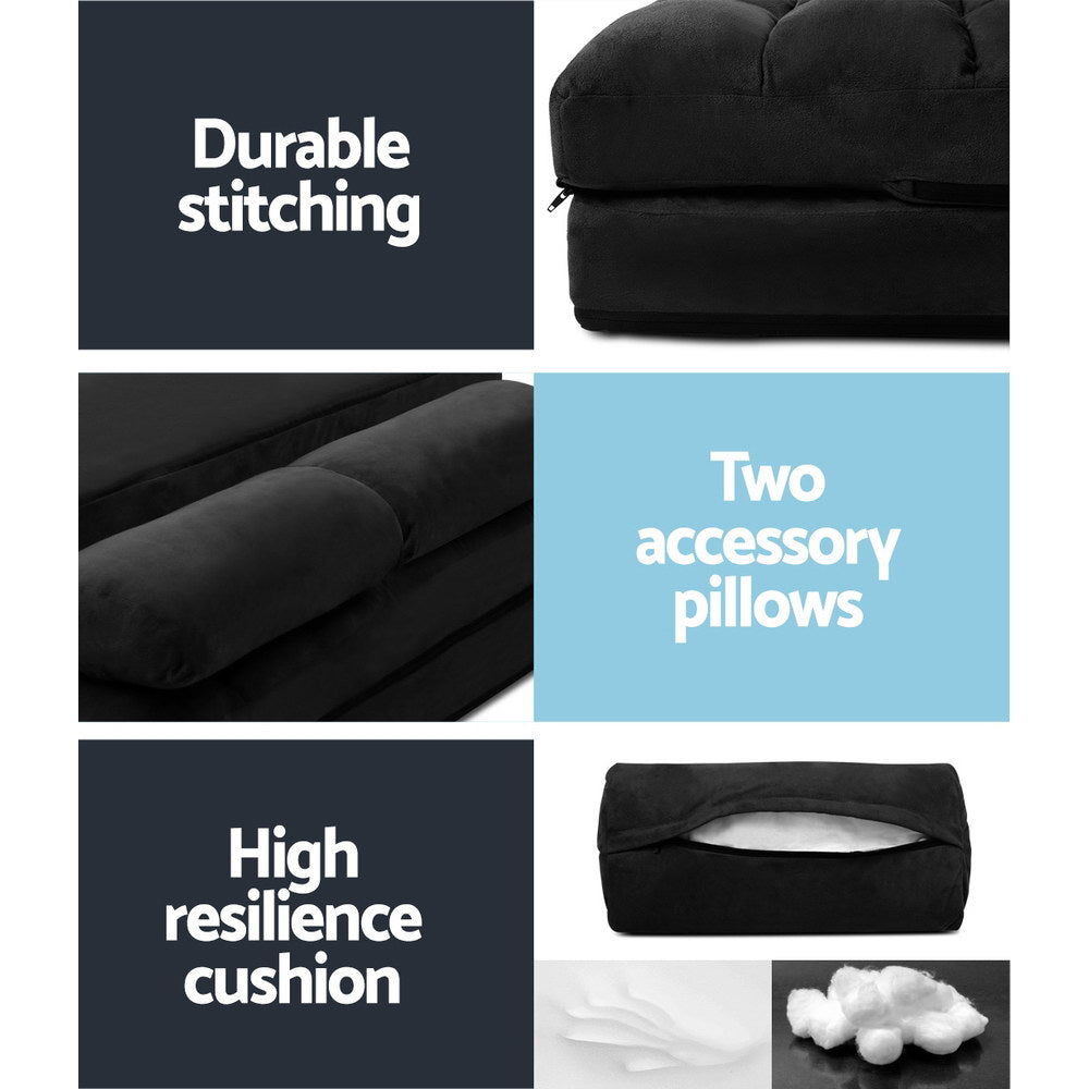 Black suede floor lounger infographic: durable stitching, two accessory bolster pillows and foam cushion fill