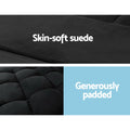 Black suede floor lounger material infographic showing smooth suede fabric and heavily tufted padded seat