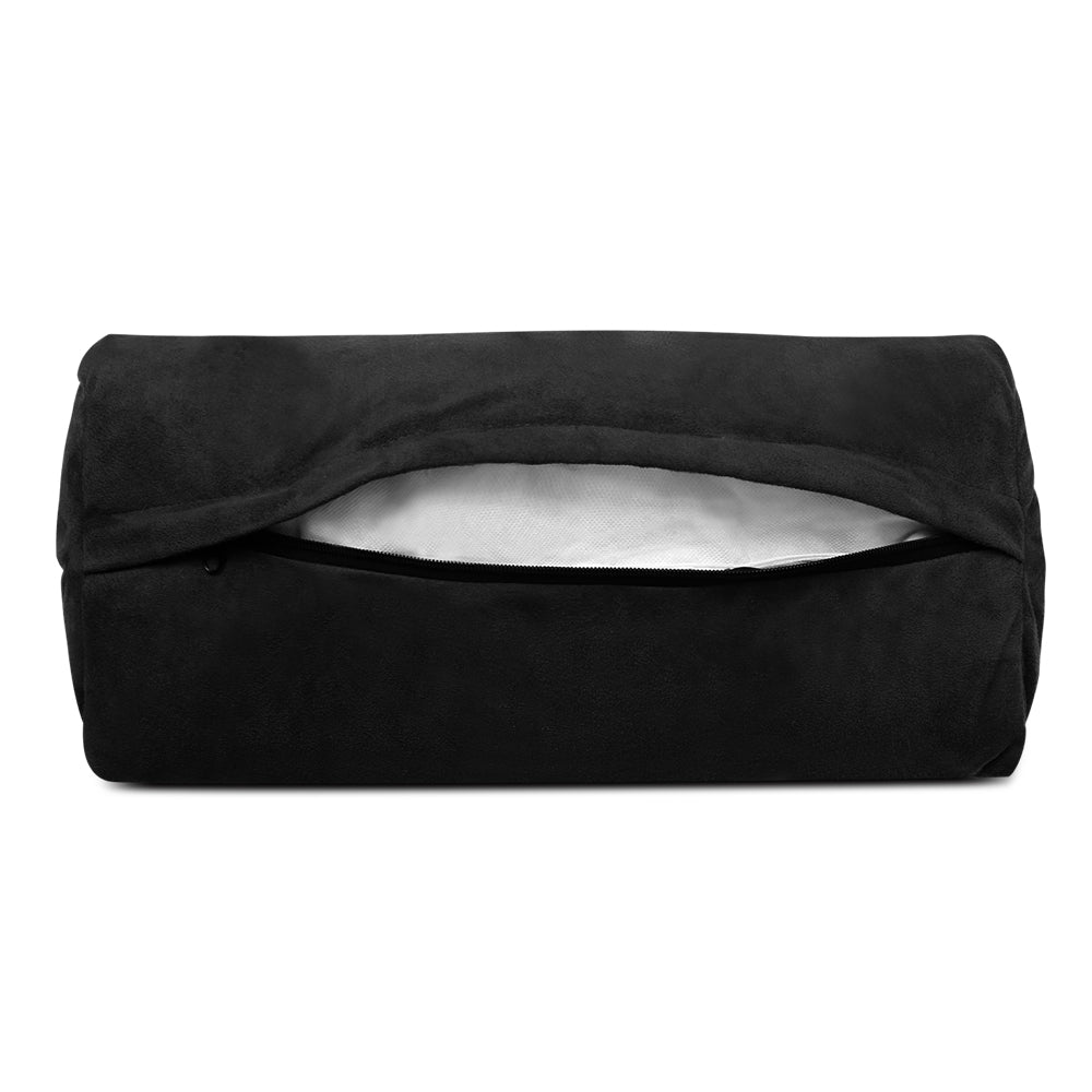 Black suede cylindrical bolster pillow with zipper open showing white inner fill on white background