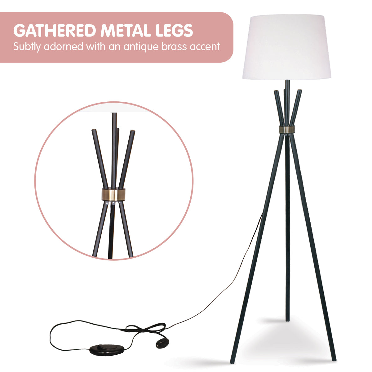 Feature banner GATHERED METAL LEGS with pink circle callout of antique brass collar hub, full lamp and foot switch visible