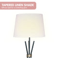 Feature banner TAPERED LINEN SHADE above close-up of lit white tapered shade and black rod spikes, white background