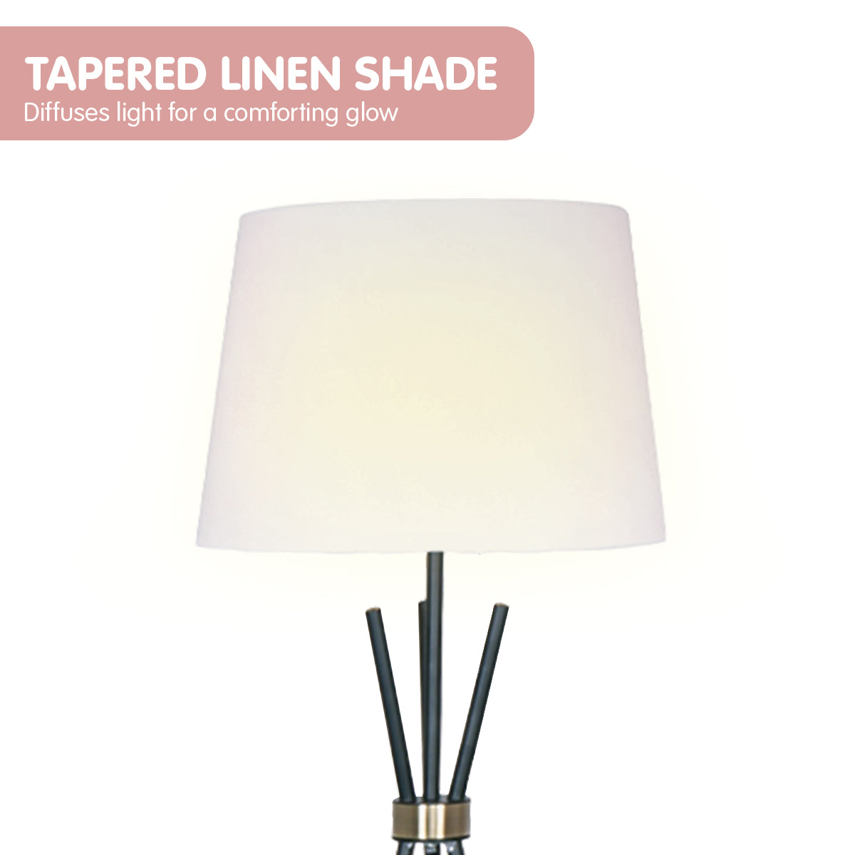Feature banner TAPERED LINEN SHADE above close-up of lit white tapered shade and black rod spikes, white background