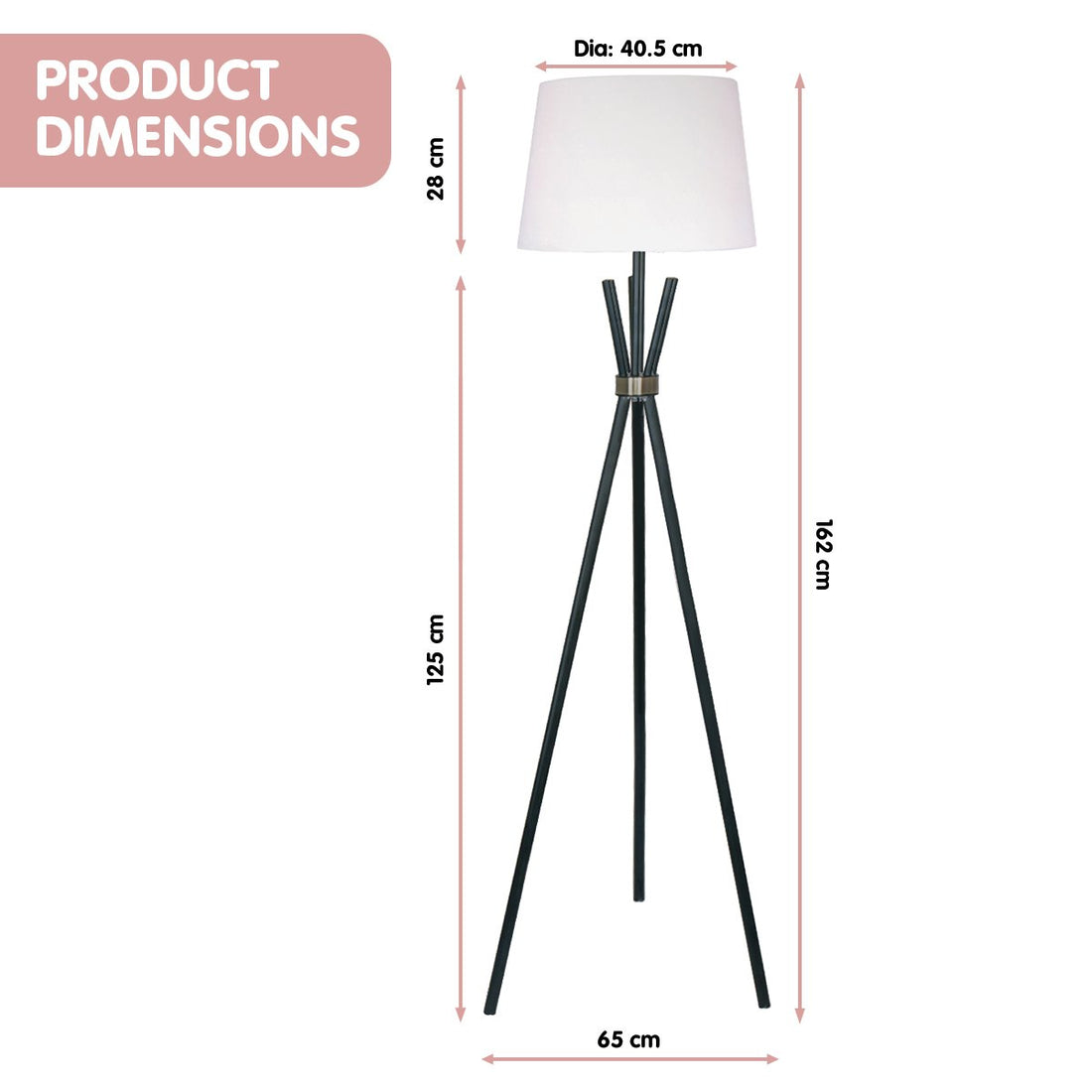 Tripod floor lamp with tapered white fabric shade, matte black rod legs and bronze hub collar on white background