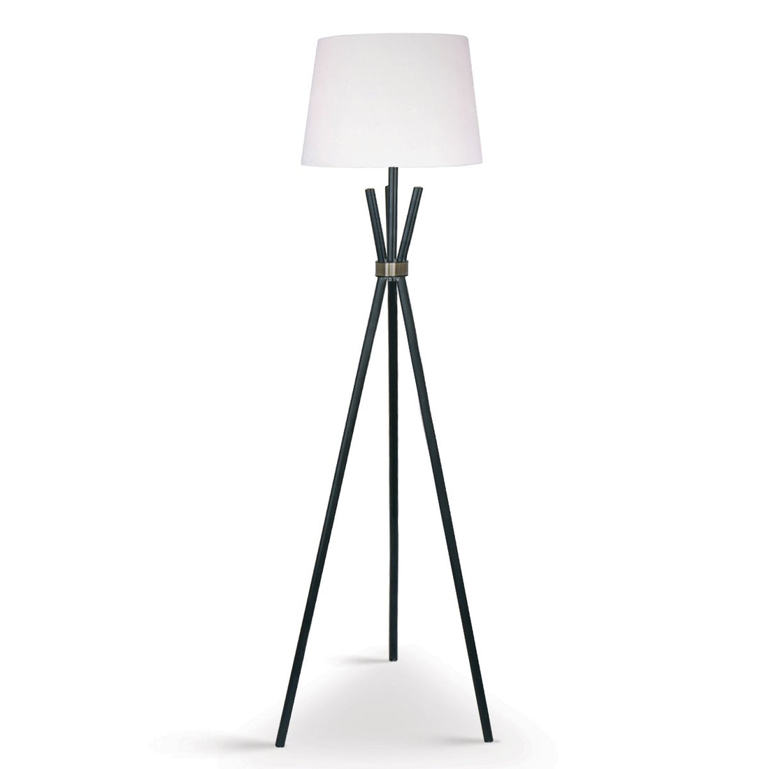 Tripod floor lamp with tapered white fabric shade, matte black rod legs and bronze hub collar on white background