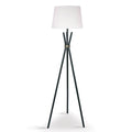 Tripod floor lamp with tapered white fabric shade, matte black rod legs and bronze hub collar on white background